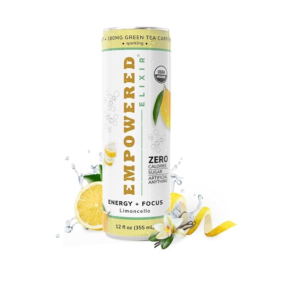 Sparkling Limoncello Infused Energy & Focus Drink | Green Tea (Natural Caffeine), L-Theanine, Ashwagandha, Electrolytes |12oz. Cans (Pack of 12)