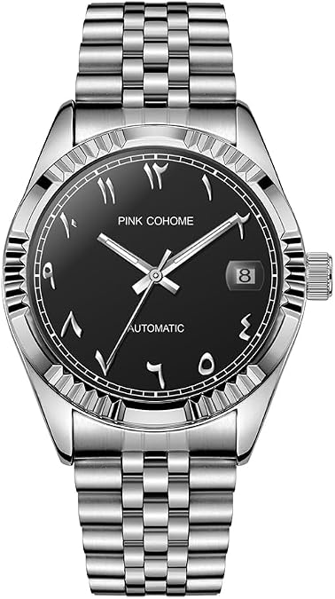 Boyarca Luxury Steel Arabic Numbers Mechanical Watches Automatic Movement Urdu Numerals Mechanical Watch 38mm Men's Wrist Watch with Luminous Waterproof Date