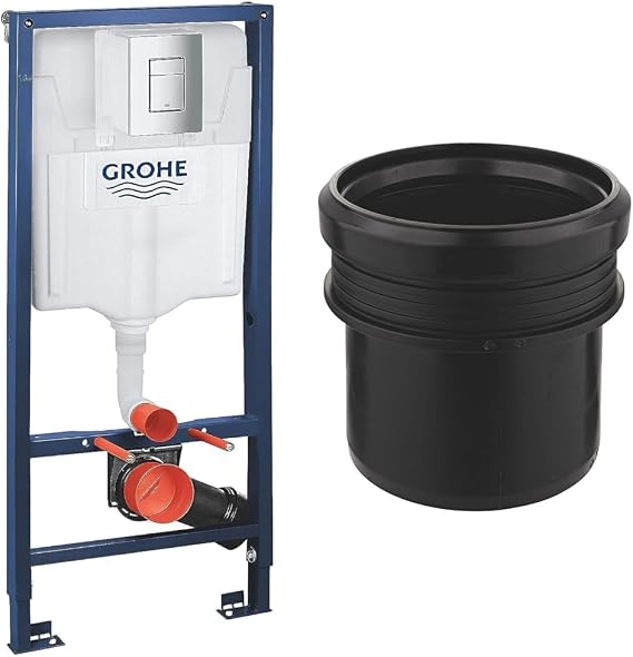 GROHE Rapid Sl 3-in-1 Set for Wall-Hung Toilet (Wall Brackets & Cosmopolitan Chrome Flush Plate) & 3 Inch Distance Pipe for Rapid SL Frames