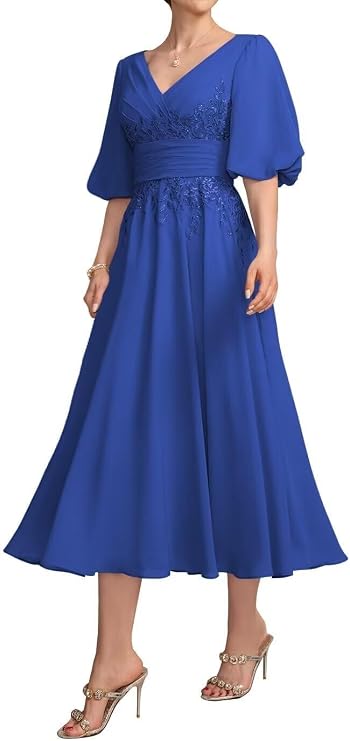 Mother of The Groom Dress for Women Puffly Sleeves Mother of The Bride Dress for Wedding Chiffon V Neck Formal Dress US18W Royal Blue