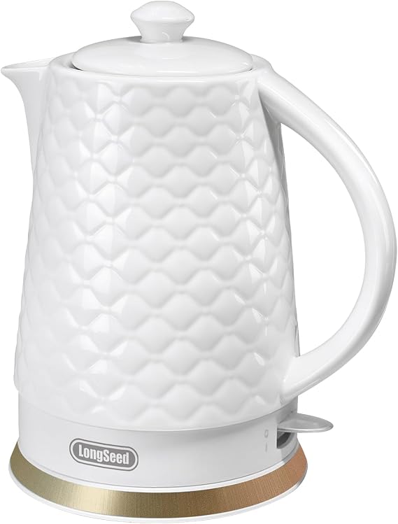 1.5L Ceramic Electric Kettle, 1200W Fast Boil Tea Kettle with Embossed Relief Design, Auto Shut-Off & Boil-Dry Protection, 360 Cordless Base, LED