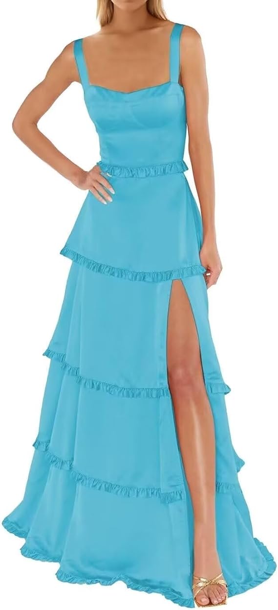 Changuan Satin Bridesmaid Dresses for Women Long Spaghetti Strap Tiered Prom Dresses Aline Formal Evening Party Gowns Slit