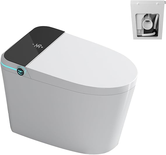 WinZo Rear Outlet Smart Toilet With Bidet, Back Flush Auto Open, Auto Flush, Instsant Heated Seat, Warm Water and Dryer, LED Night Light for Basement Bathrooms (White, 26.8"D x 16"W x 20"H)