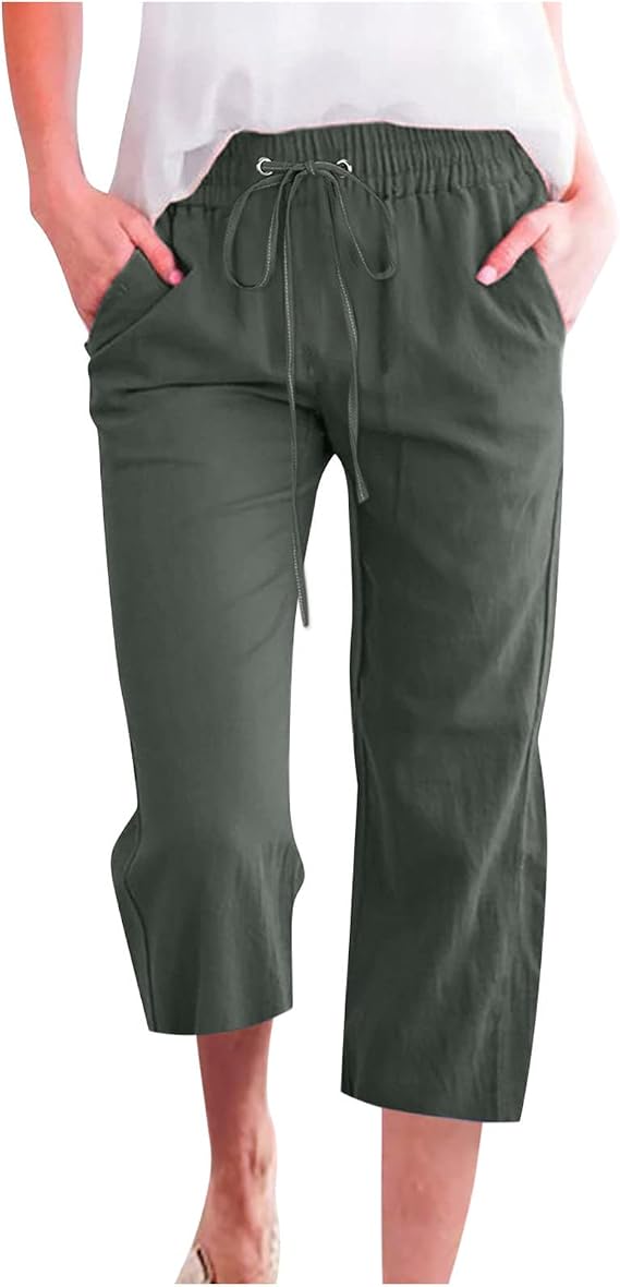 SMIDOW Capri Pants for Women Casual 2023 Summer Drawstring Elastic High Waist Linen Pant Straight Wide Leg Cropped Trouser