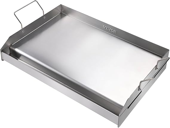 VEVOR Stainless Steel Griddle, 24"x16" Pre-Seasoned Stove Top Griddle, Rectangular Double Burner Griddle Pan, Non-Stick Family Pan Cookware with Handles and Oil Groove, for BBQ, Gas Grills, Silver