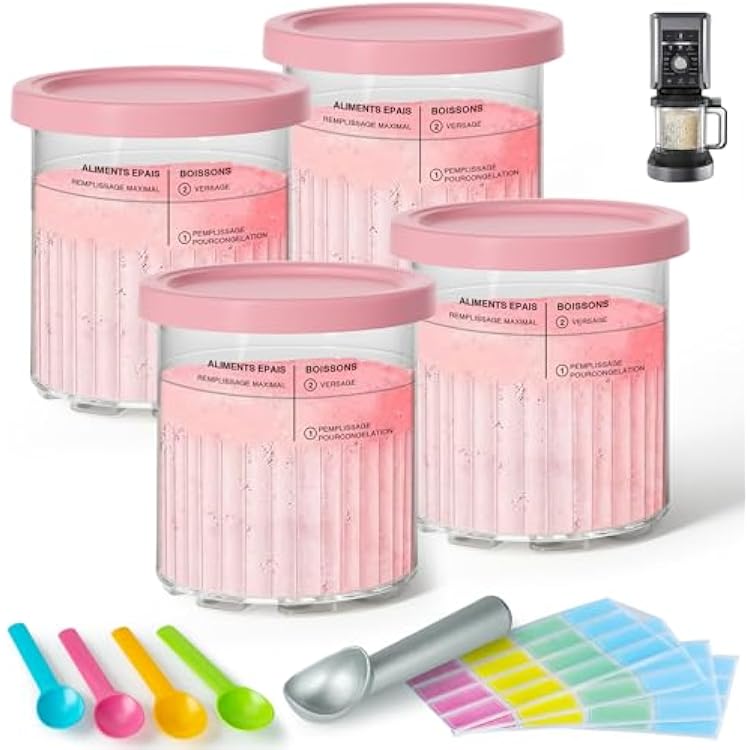 GuanQiao 4 Pack Creami Deluxe Pints & Lids for Ninja, 24 Oz Compatible with NC500 NC501 Series Ice Cream Makers, with 5 Spoons & 64 Writable Labels, BPA-Free & Dishwasher Safe, Pink