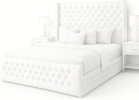 Atomic Sleep Luxury Chesterfield Wingback Bed Frame - Upholstered in Plush Velvet Fabric with Mattress/Gas Lift Option - UK Made (White Plush Velvet, Kingsize 5ft with mattress)