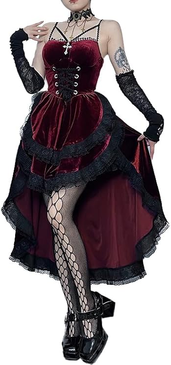 Gothic Dresses for Women Black Goth Dress Steam Punk Velvet Lace Patchwork Halter Dress