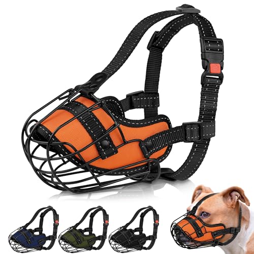 OOPSDOGGY Pitbull Dog Muzzle Reflective Metal Mask Secure Wire Basket Muzzles for Large Sized Dogs Amstaff Soft Cage to Prevent Biting Chewing with Adjustable Straps Orange, Pitbull