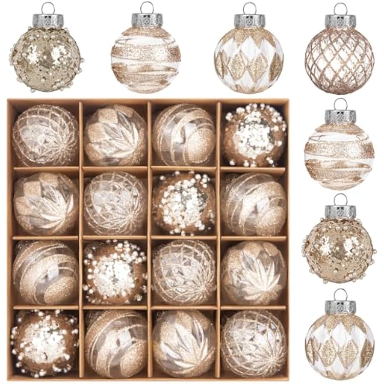 16 PCS Champagne Christmas Ball Ornaments, 60mm2.36 Clear Plastic Shatterproof Hanging Glitter Luxury Hand-Painted Christmas Tree Ball Ornaments Set for Xmas Tree Home Party Wedding Holiday Decor