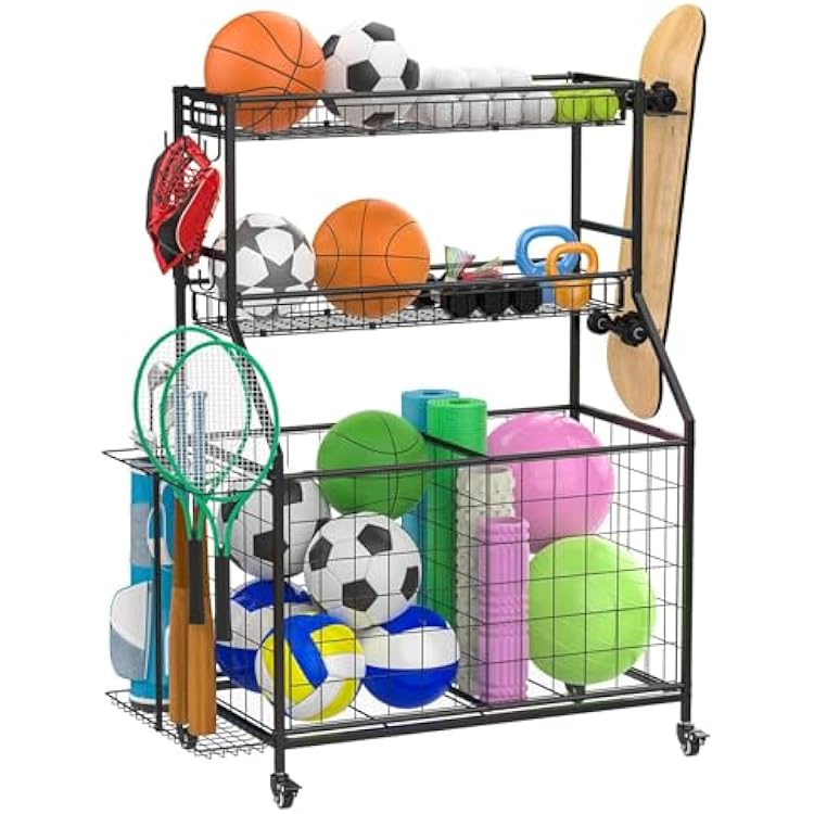Sports Equipment Garage Organizer, Heavy Duty Garage Organization Ball Storage Rack with Basket, Hooks and Rolling Cart for Sports Gear and Toy Storage, Indoor Outdoor Use, Black
