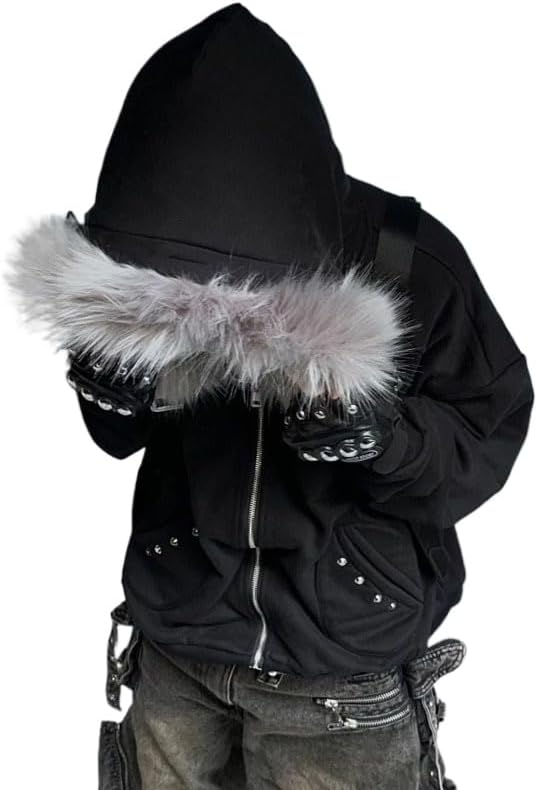 Men Y2k Zip Up Hoodie Fur Hooded Goth Y2k Jacket Warm Winter Coat for Men with Hood Fur Collar Streetwear