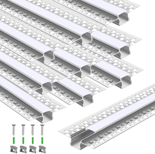 10 Pack 6.6ft 2 Meter Plaster-in LED Channel Trimless Diffuser Channel Recessed Drywall Aluminum LED Profile with End Caps for Wall Drywall Ceiling 0.49 Inch Wide