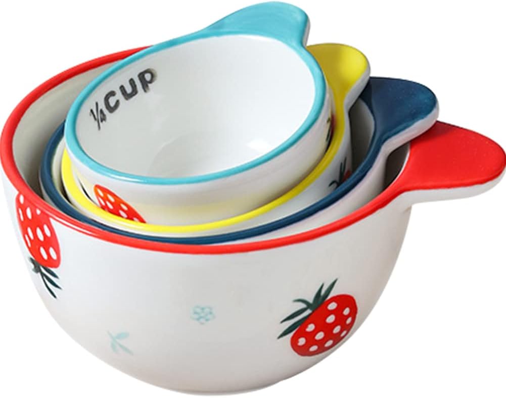 WAYUTO Ceramic Strawberry Measuring Cups with Handle Set of 4 Creative Baking Measuring Cups for Dry Wet Ingredients Cooking Baking Bowls Dishwasher Safe 1 CUP 12 CUP 13 CUP 14 CUP Unique Gift