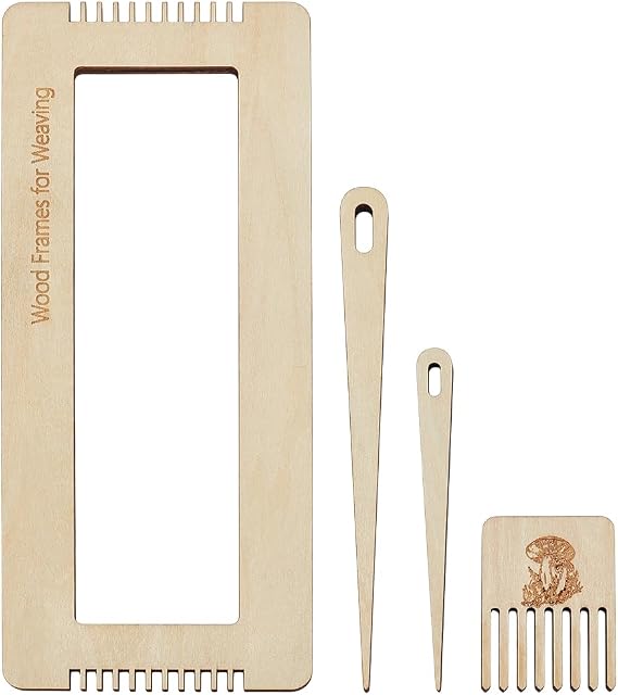 WEBEEDY 4 Pcs Weaving Loom Kit for Beginners, Bookmark Looms DIY Woven Loom Set with Wooden Looms Weaving Needles and Wood Weaving Comb for Knitting Crafts Coaster Rug Mug Making