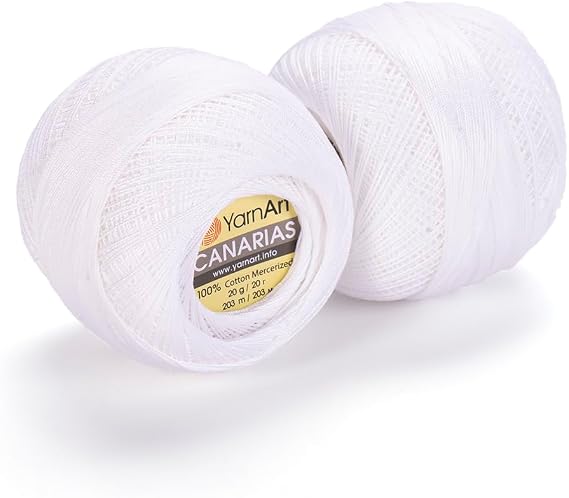 YarnArt Canarias 100% Mercerized Cotton Crochet Thread 20g (0.7 oz), 203 Yards Ultra Fine Lace Weight Yarn for Crochet, Lace, Doilies, Embroidery & Accessories (1000, Optic White)
