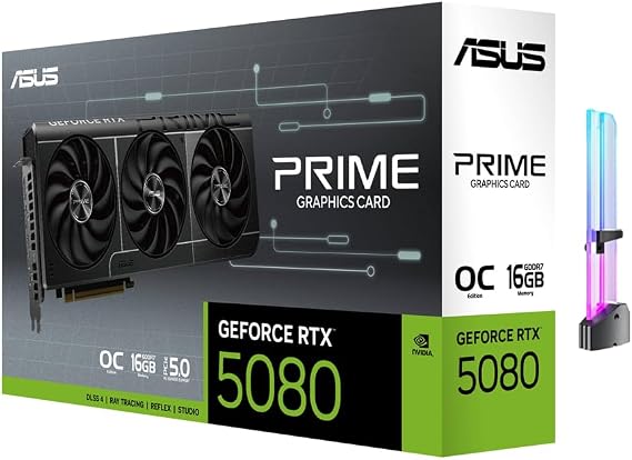 ASUS Prime GeForce RTX 5080 OC Edition Triple Fan Graphics Card, 16GB GDDR7, 1827 AI Tops, 5th Gen Tensor Cores, DLSS 4, PCIe 5.0, DP 2.1b x3, HDMI 2.1b, with GPU Holder