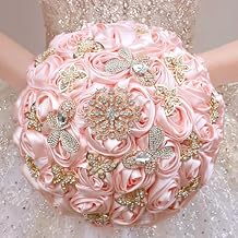 Handmade Rhinestone Brooch Satin Bridal Bouquet,7.5inches Crystal Wedding Round Tossing Bouquet, Artificial Flower Bunch with Diamond Pearl Ribbon (07#Pink)
