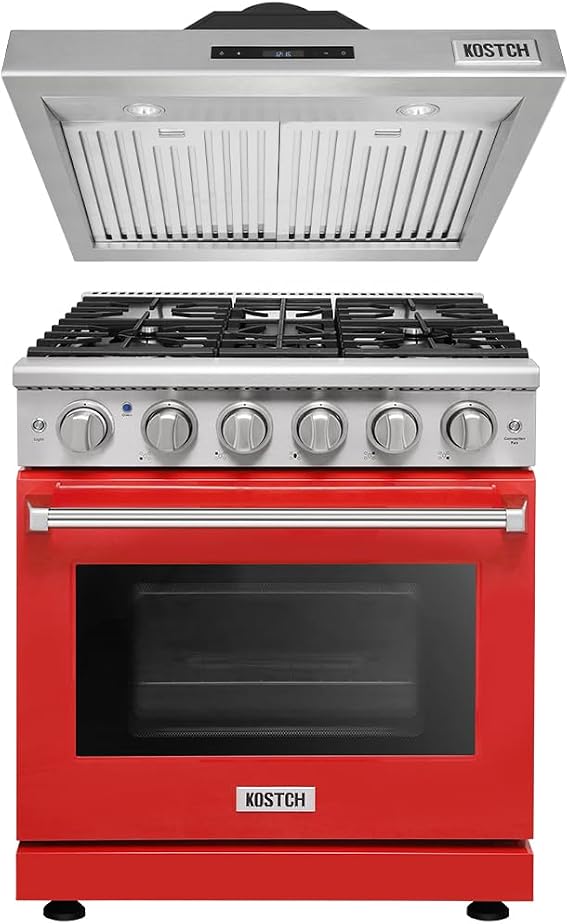 KOSTCH 30 inch Natural Gas Range with LPG Convertible Kit, 5 Burners, 4.55 cu.ft. Convection Oven & 30 inch Wall-Mounted Range Hood with LED Light, 1000-CFM, in Stainless Steel (Red)