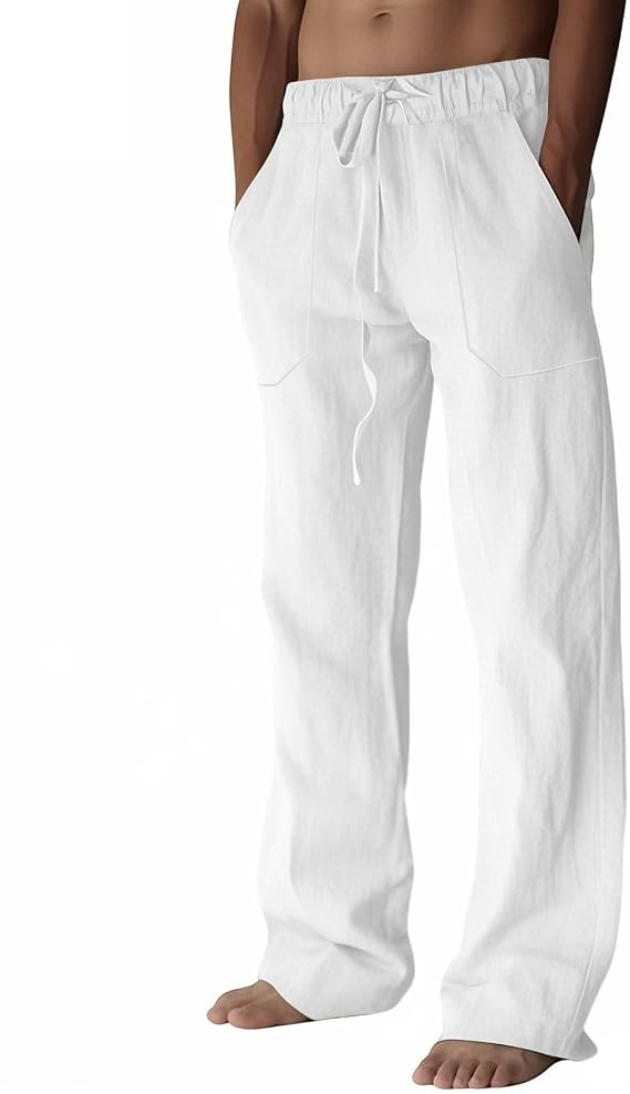 Men's Linen Pants Summer Cotton Beach Trousers Casual Lightweight Elastic Drawstring Waist Yoga Pants