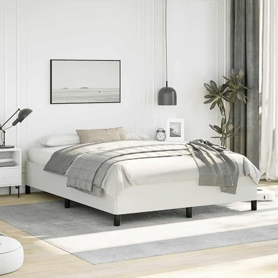 Queen Bed Frame Upholstered Platform Bedframe White 59.8"x79.9" No Box Spring Needed Sturdy Faux Leather Design for Modern Bedroom Furniture