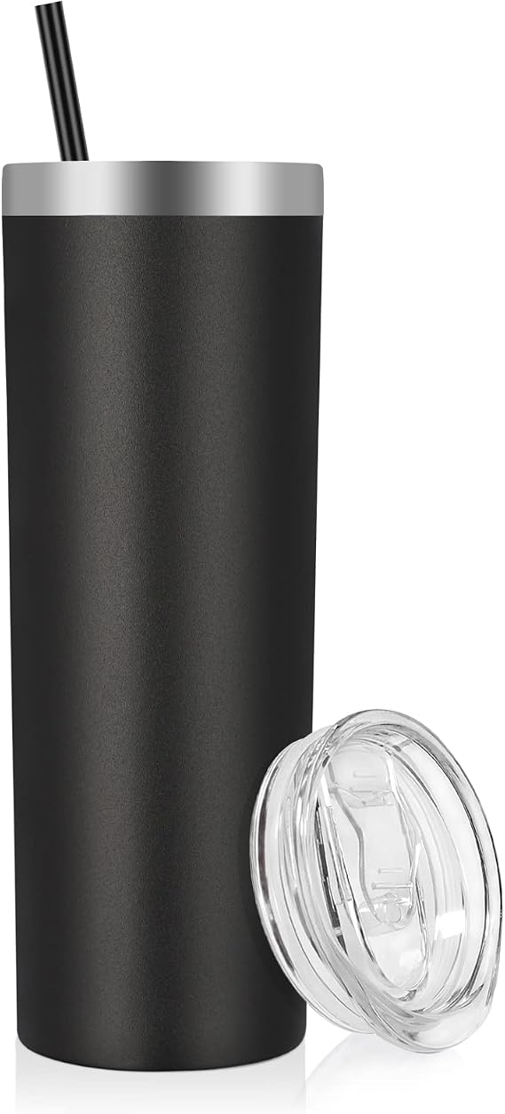 VEGOND Stainless Steel Skinny Tumbler, 20 oz Vacuum Insulated Tumbler with Lid and Straw, Double Wall Coffee Cup, Travel Mug for Cold Hot Drinks, Black 1 Pack