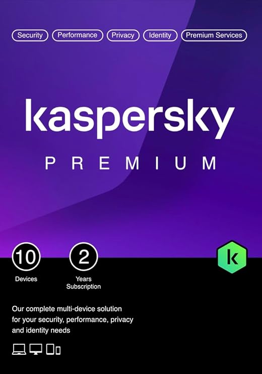 Kaspersky Premium Total Security 2026 | 10 Devices | 2 Years | Anti-Phishing and Firewall | Unlimited VPN | Password | Parental Controls | 24/7 Support | PC/Mac/Mobile | Activation Code by Post