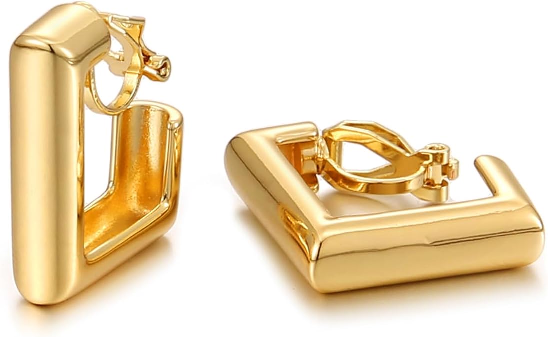 Gold Geometric Clip on Drop Earrings Chunky Clip Earrings Non Pierced Dangle Jewelry
