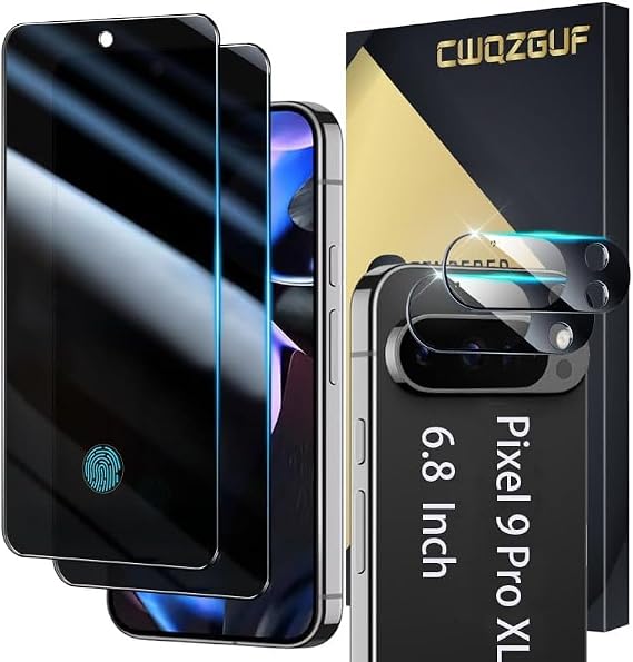[2+2 Pack] Privacy Screen Protector Compatible with Pixel 9 Pro XL 5G, 2 Tempered Glass Film with 2 Camera Lens Protectors, High Clarity, Bubble Free, Anti-Spy Protection