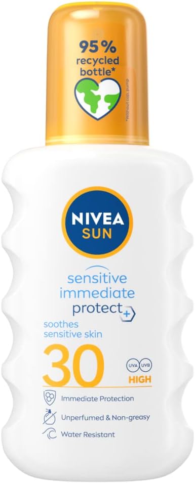 NIVEA SUN Sensitive Immediate Protect Spray SPF 30 200ml, Sun Cream for Sensitive Skin, Sun Protection Factor 30, Water-Resistant Sunscreen Spray