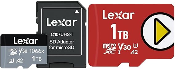Lexar 1TB Professional 1066x Micro SD Card w/SD Adapter, UHS-I, U3, V30 & 1TB Play microSDXC Memory Card, UHS-I, C10, U3, V30, A2, Full-HD Video