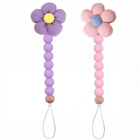 2pcs Flower Pacifier Clip, Silicone Bead Pacifier Clip for Baby Girls Pink Purple Color Daisy Birthday Christmas Gift(B)