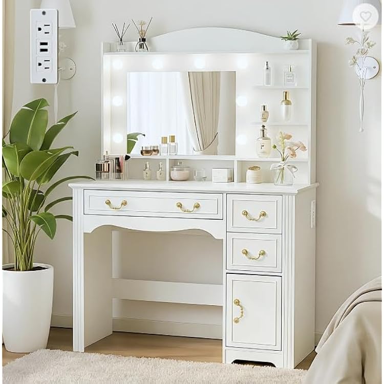 Vanity Desk with Mirror and Lights, 57.5 H Makeup Vanity Table with Power Outlet & 5 Drawers, 3 Colors and Brightness Adjustable,Modern Dressing Table for Bedroom, White