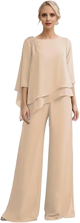 Chiffon Mother of The Bride Pant Suits for Wedding 2 Piece Pant Suit Lace Appliques Formal Wedding Guest Outfits