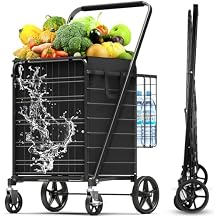 5.0 Cu Ft Folding Shopping Cart - 480 LB Capacity Grocery Cart with 360 Braked Swivel Wheels - Heavy Duty Utility Cart with Double Basket & Removable Waterproof Liner with Lid for Laundry