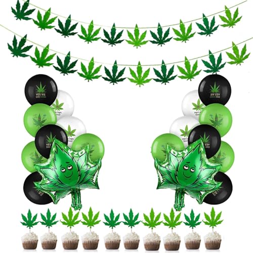 Weed Themed Birthday Party Decorations Green Pot Weed Leaves Banner Balloons Cake Toppers for 420 Party Decorations