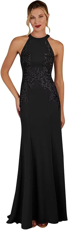 Yuxin Halter Mermaid Mother of The Bride Dresses for Women 2025 Long Lae Applique Formal Dresses for Wedding Guest Satin Mother of Groom Dress Black Us8