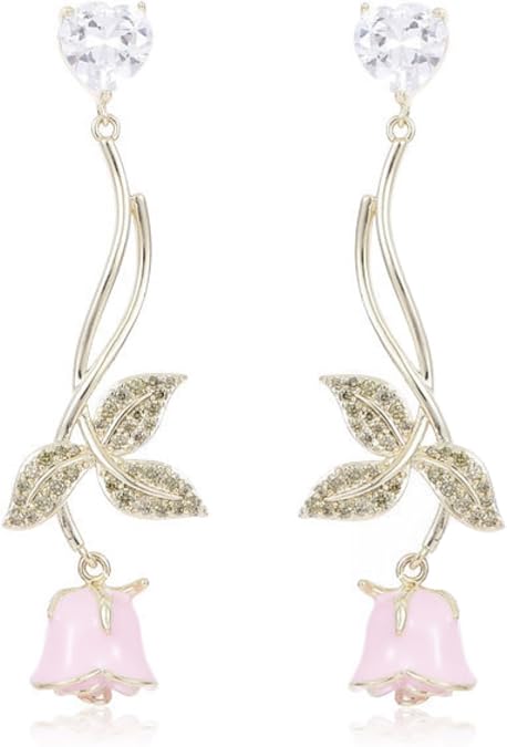 Rose Flower Earrings | Gold Plated Rose Flower with Pink Heart Cubic Zirconia Stud Dangle Earrings | 3D Rose Flower Wedding Bridal Bridesmaid Multi-Color Cubic Zirconia Chandelier Drop Dangle Earrings for Women and Teen Girls