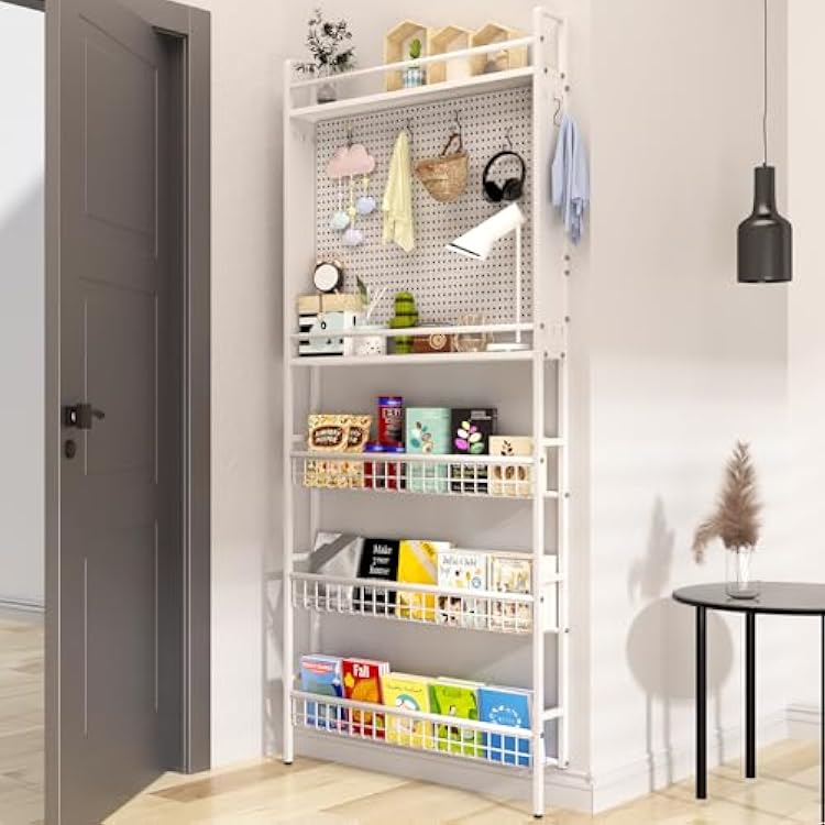 Behind The Door Bookshelf, Tall Narrow Book Shelf Behind Door, Space Saving Kids Bookcase 5 Tier, Open Wall Rack Storage Organizer with Hooks for Bedroom Living Room White, 28.34.774in