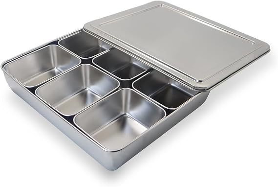 Stainless Steel Seasoning Box with Lid and Holder Tray, 6 Compartments Rectangle Masala Dabba Spice Container, Indian Masala Box Organizer Set for Kitchen Condiment Storage (6 Compartments)