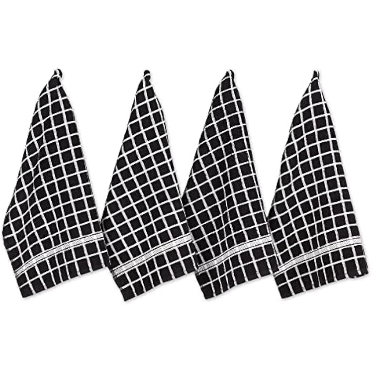 DII Basic Terry Collection Windowpane Dishtowel Set, 16x26, Black Check, 4 Piece