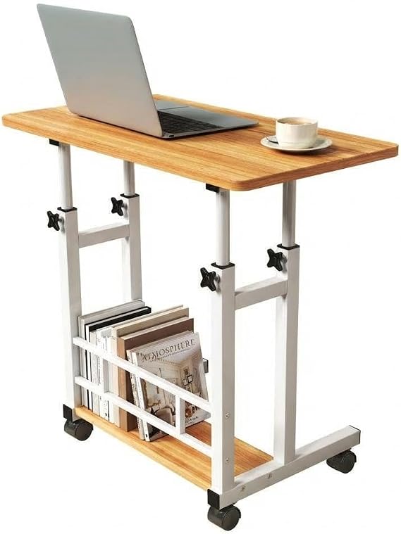 Mobile Computer Desk, Rolling Laptop Workstation with Wheels, Tiltable Tabletop Study Table, Compact Writing Desk with Lockable Casters, Ergonomic Standing Desk for Home Office and Bedroom Brown