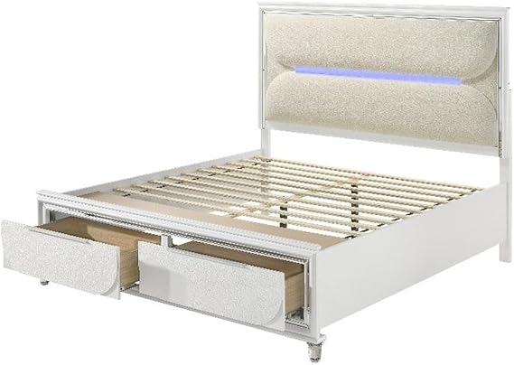 Acme Tarian Queen Bed with Storage and LED in White and Pearl White
