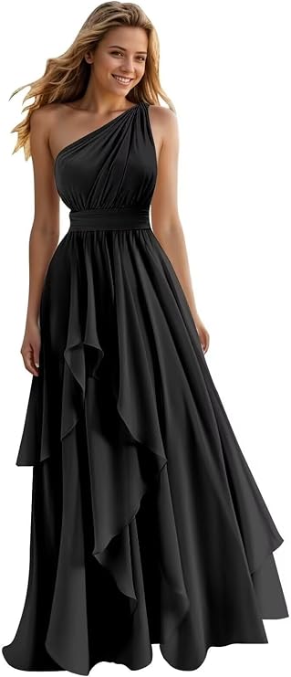 A Line One Shoulder Bridesmaid Dresses for Wedding Ruffles Chiffon Long Formal Evening Party Gowns with Pockets