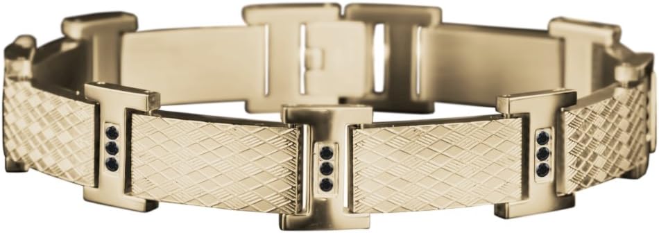 Daniel Steiger Rafferty Steel Men's Bracelet - 18k Gold Plated Stainless Steel - Intricate Embossed Pattern - Set with 27 Black Crystals - 8.5" Length