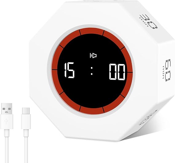 Cuteefun Rotating Cube Timer, Octagon Pomodoro Timer Desk, White | Countdown & Countup, 1/3/5/15/30/60/90 Mins, Adjustable Sound, Gravity Sensor, Productivity Timer for Kitchen, Study, Meetin