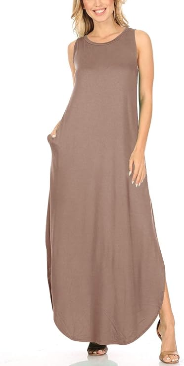 FashionJOA Women's Side Slits Sleeveless Summer Round Neck Solid Maxi Dress with Pockets