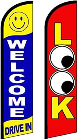 Car Dealer Windless Swooper, Feather, Banner Flag Combo Pk WELCOME DRIVE IN - LOOK