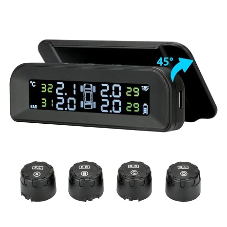 タイヤ空気圧モニタリングシステム ワイヤレスソーラーtpms、タイヤ空気圧モニター 4つの外部センサー付き リアルタイム表示 温度圧力 22-87 Psi 車 Rv Suv Mpvセダン用