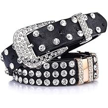 Luxury Rhinestone Studded Belt, Black Leather Crystal Embellishments, Silver Buckle, Western Fashion Accessory